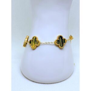 New Womens Gold Stainless Steel Yellow/Black 7-9inch adjustable clover bracelet